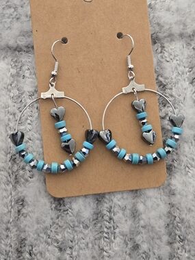 Turquoise Heart Hoop Earrings with Hematite Accents - Women Jewelry